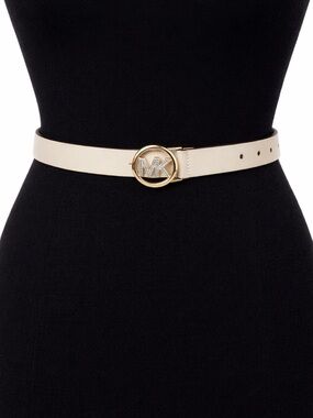 Michael Kors Cream Leather Belt with Gold MK Logo Buckle